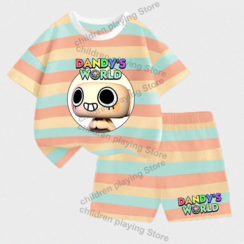 Dandys World Детские полосатые комплекты Летние футболки с шортами для девочек и мальчиков Костюмы с милым принтом Повседневная спортивная одежда Детская одежда для сна Подарки
