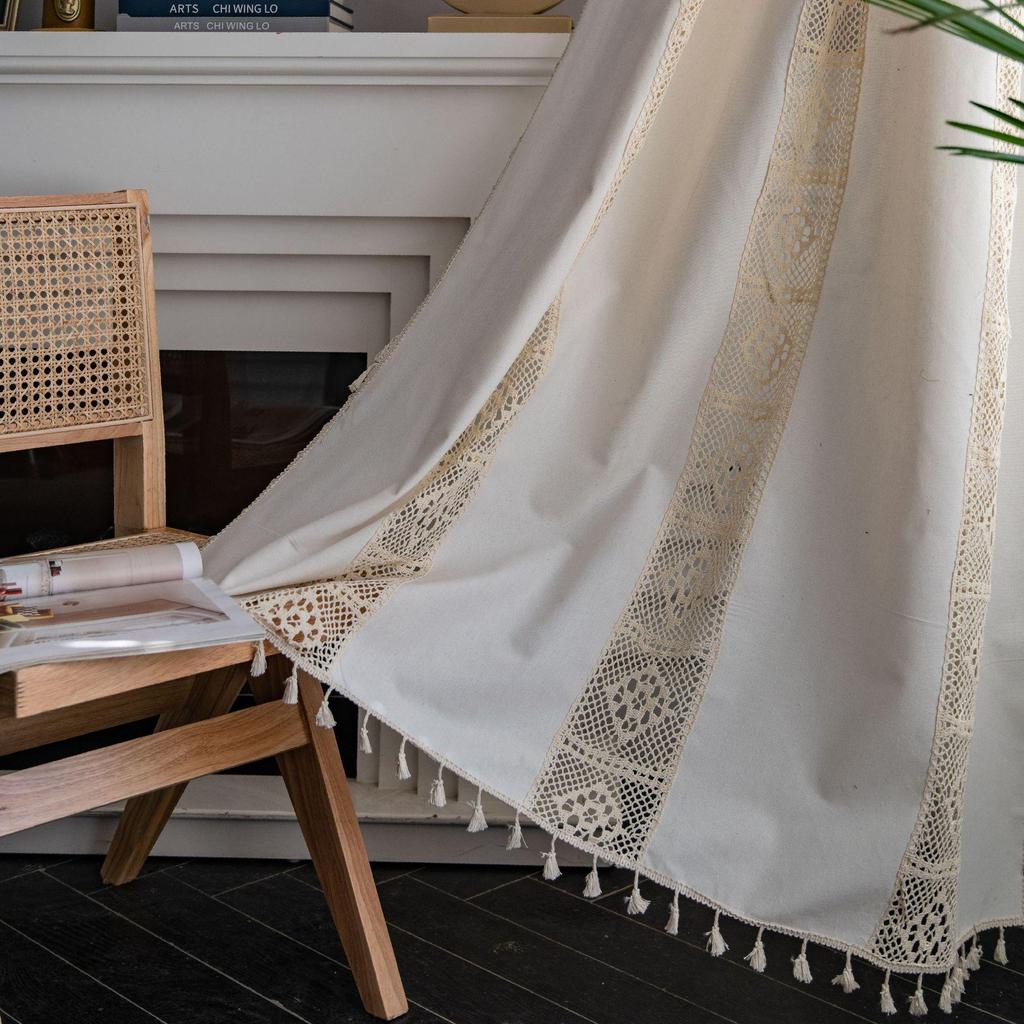 Imanqi Yun Coffee-Beige American Style Kitchen Curtains – Printed, Patchwork, Semi-Blackout with Tassels