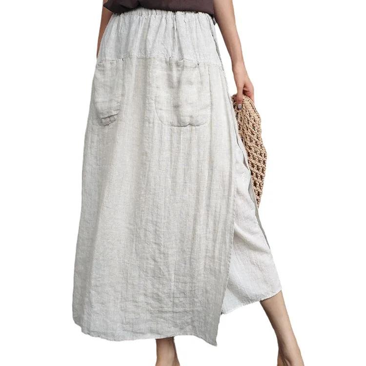 Casual Cotton Linen Blend Women's Spring Summer Loose Fit Plus Size Side Slit Cropped Pants Two-Piece Illusion Bottoms Skirt