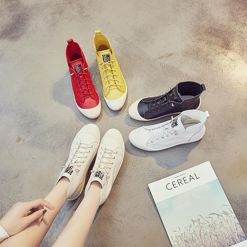 Red High-top Short Boots Women's Leather Autumn and Winter New Single-sided Flat-bottomed Shell-head Single Shoes Casual Four-season White Shoes Tide