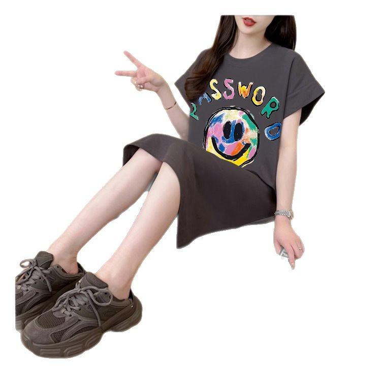 Женское модное свободное корейское платье-футболка, летнее платье Fat Mm с коротким рукавом выше колена, длинное повседневное платье с разрезом