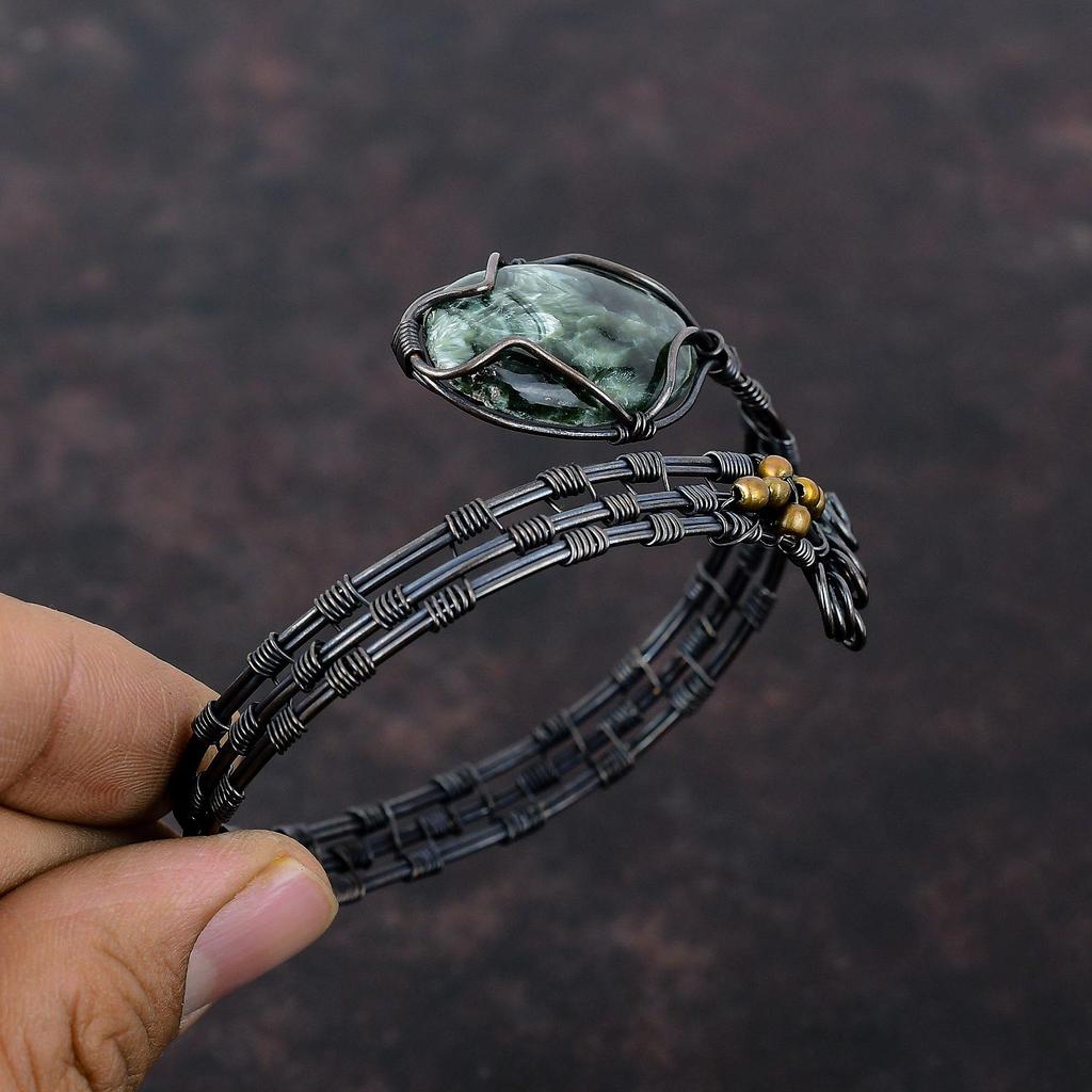 Браслет из серафинита с драгоценными камнями, браслет-манжета из медной проволоки, браслет ручной работы из меди, регулируемый браслет, ювелирные изделия из проволоки для подарка