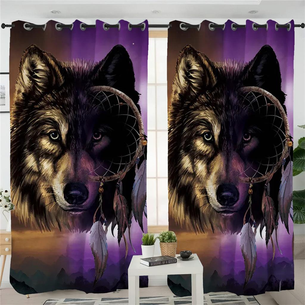 Шторы с изображением тотема в виде животного волка, черно-белые шторы с изображением волка, 2 панели, детская комната, гостиная, спальня, балкон, кабинет, декор
