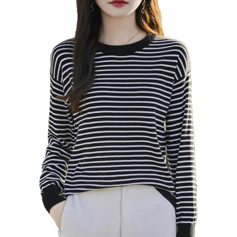 Cotton Long Sleeve Crew Neck Striped T Shirt Loose Fit Casual Knit Top