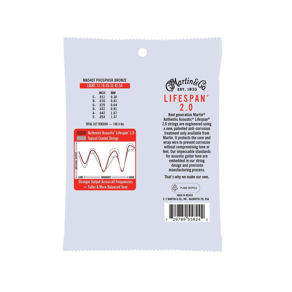 MARTIN AUTHENTIC ACOUSTIC Treated Acoustic Guitar Strings with Lifespan MA540T Light 2.0 .012-.054