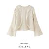 Kaslead New Women Clothes Western Style Fashion Frill Beige V-neck Long Sleeve Shirts Top