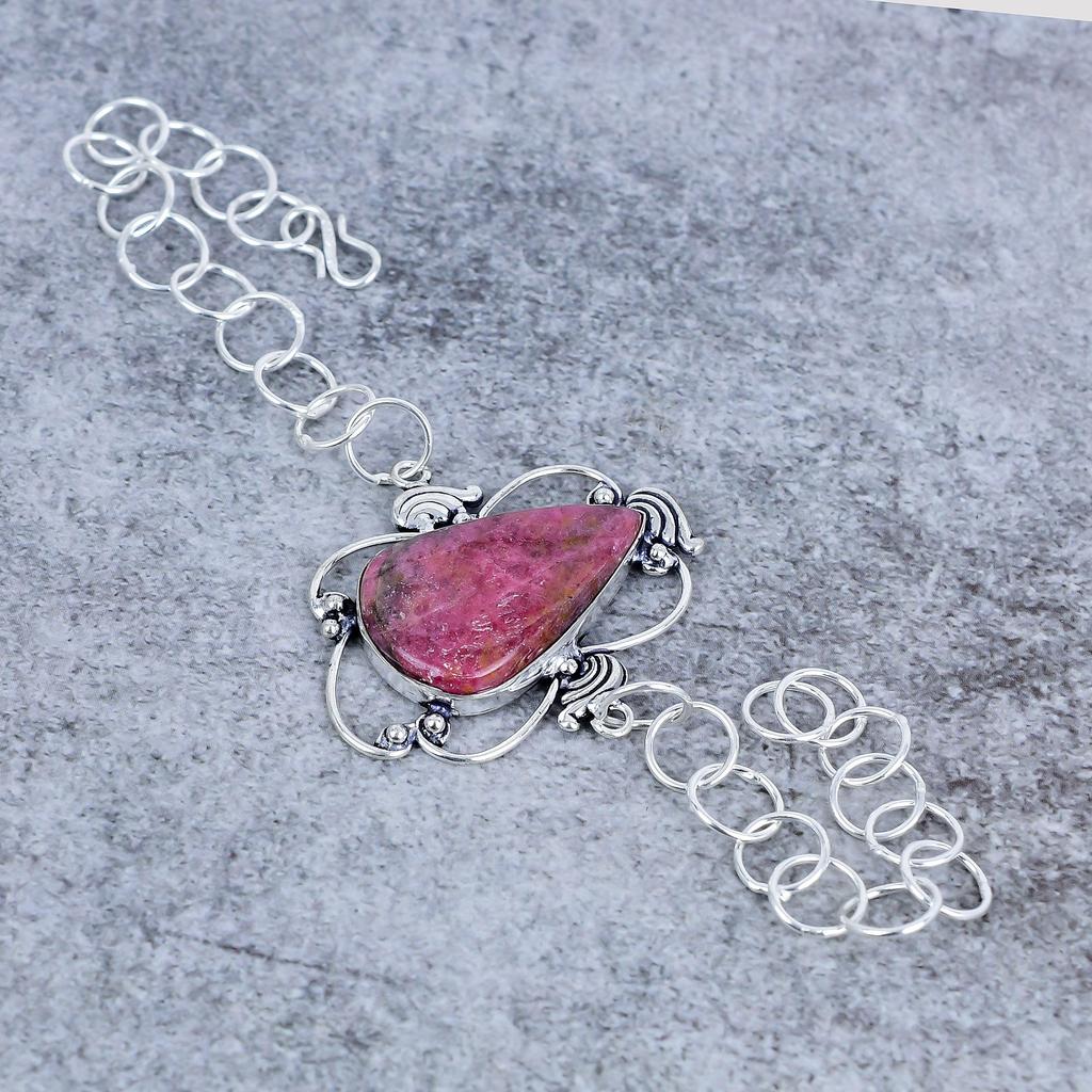 Pink Thulite Gemstone Handmade 925 Sterling Silver Bracelet 7-8" M-2729