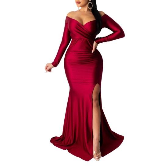 Женское вечернее платье с V-образным вырезом, открытыми плечами, боковыми разрезами, длиной до пола, длинными рукавами, плиссированное, облегающее
