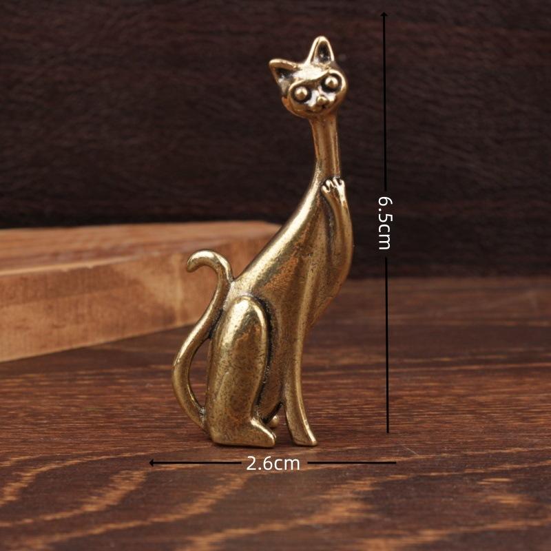 Brass Long Neck Cat Ornament Chinese Retro Handicraft Small Copper Abstract Ornament Figurines Bedroom Desktop Ring Storage Rack