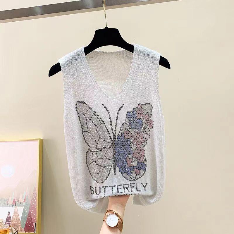2023 Блестящий шелковый женский жилет без рукавов с V-образным вырезом - Новый стиль весна/лето, свободный крой с вязаным дизайном на бретелях с горячими бриллиантами