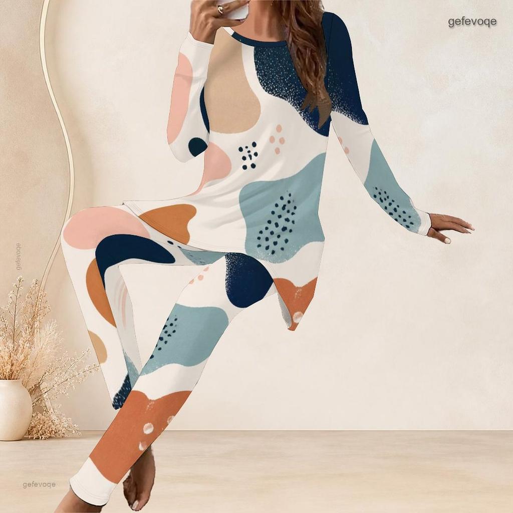 Women Plus Size Abstract Printed Two Piece Set Round Neck Long Sleeve Longline Top Fitted Pants