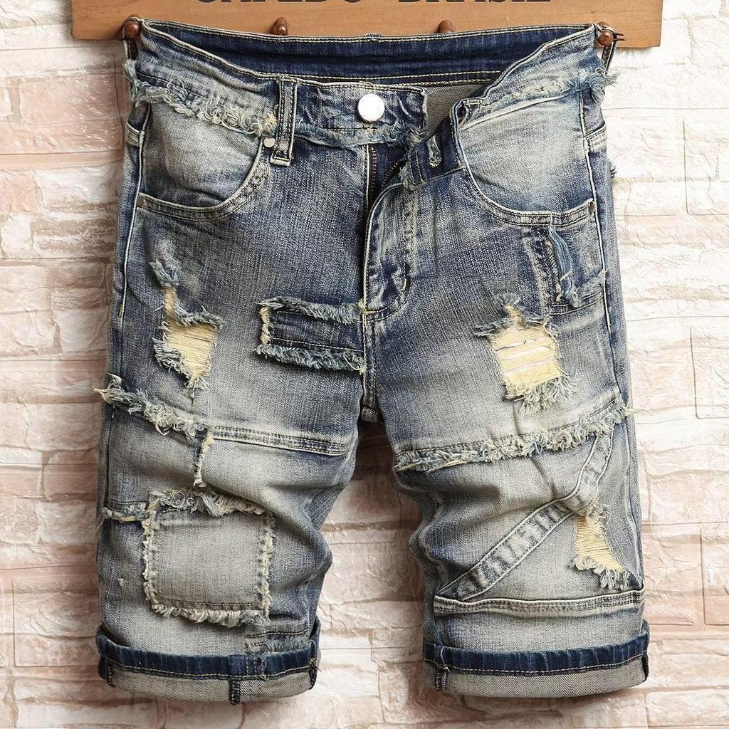 Men's Trendy Mid-Length Slim Fit Ripped Patch Denim Shorts