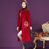 Зимнее шерстяное длинное красное пальто для матери с вышивкой, женская красная одежда с широкой талией
