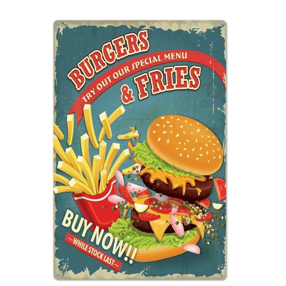 Металлическая вывеска для гамбургера, винтажная жестяная вывеска для ресторана быстрого питания, настенный декор для кухни, кафе, закусочной, бара, бургера, металлические вывески 20x30c