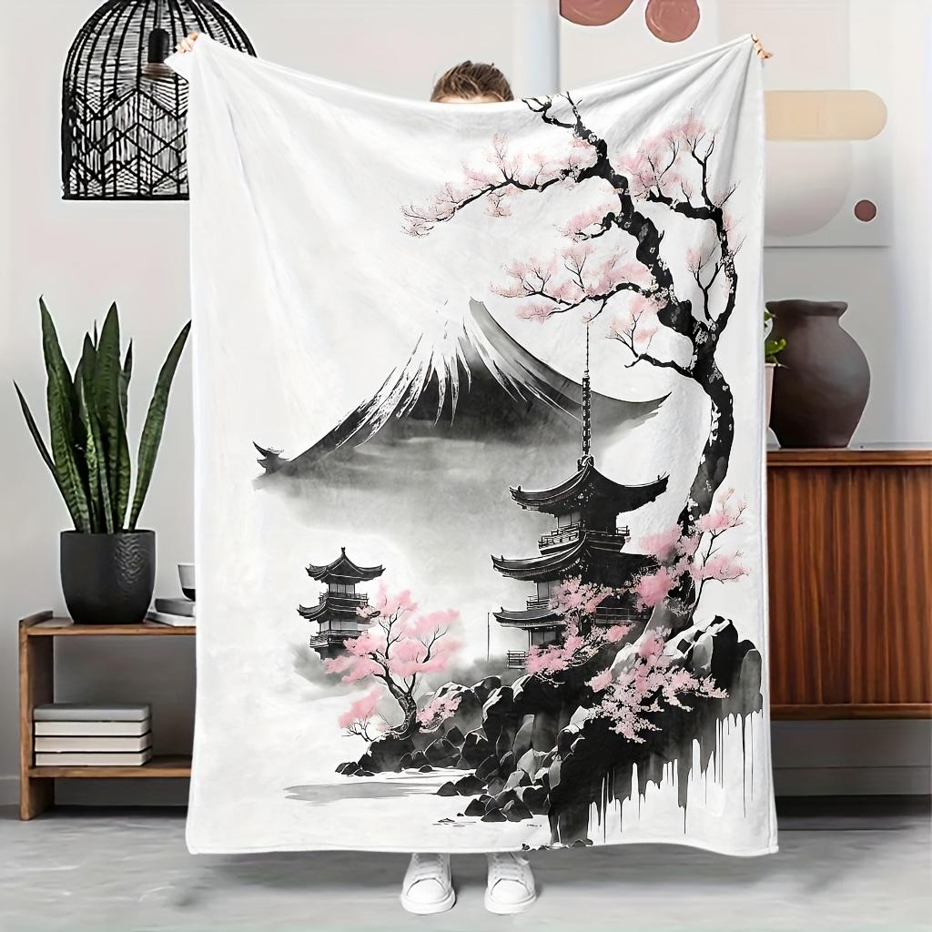 Japanese Ink Wash Painting Blanket, Mount Fuji & Cherry Blossom Pagoda Throw for Sofa Bed, Soft Flannel Decor Gift for Home
