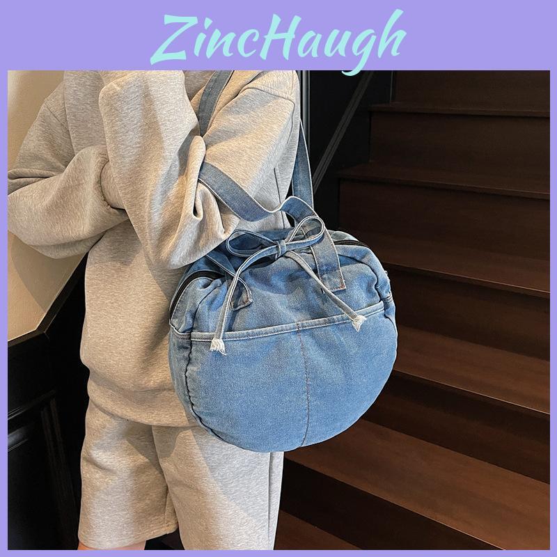 Bow Round Shape Denim Shoulder Bag For Women With Zipper Closure Daily Use Accessory