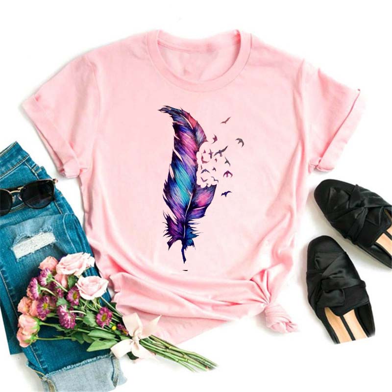 Модная женская футболка с забавным принтом бабочки и пера, футболка, летние топы с коротким рукавом, футболка, женские футболки с перьями