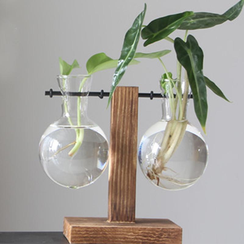 Creative Wooden Frame Hydroponic Vase Green Plant Transparent Glass Flower Arrangement Container Desktop Decoration Home Decoration