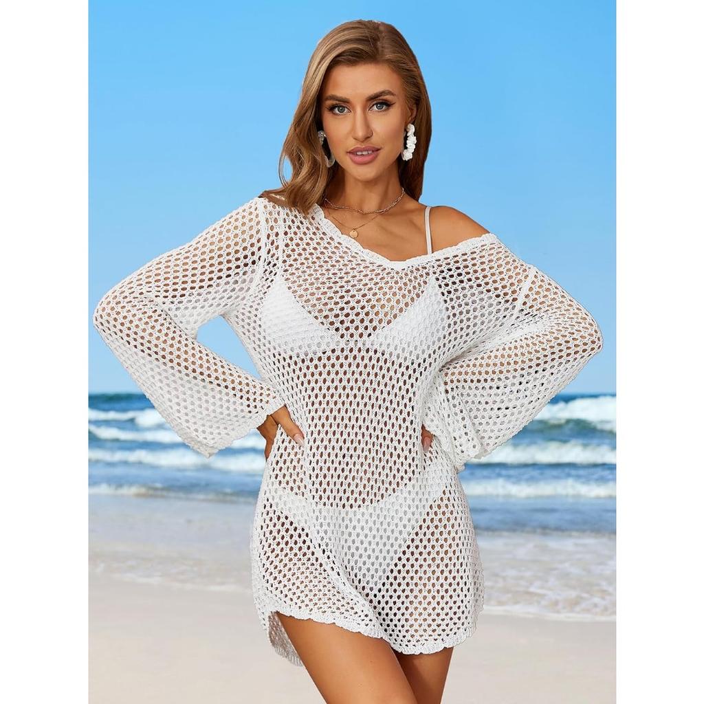 CHARMLEAKS Женский вязанный крючком купальник, накидка с рукавами-колокольчиками, пляжные накидки с открытой спиной, накидка на купальный костюм с зубчатым краем, бикини, купальник