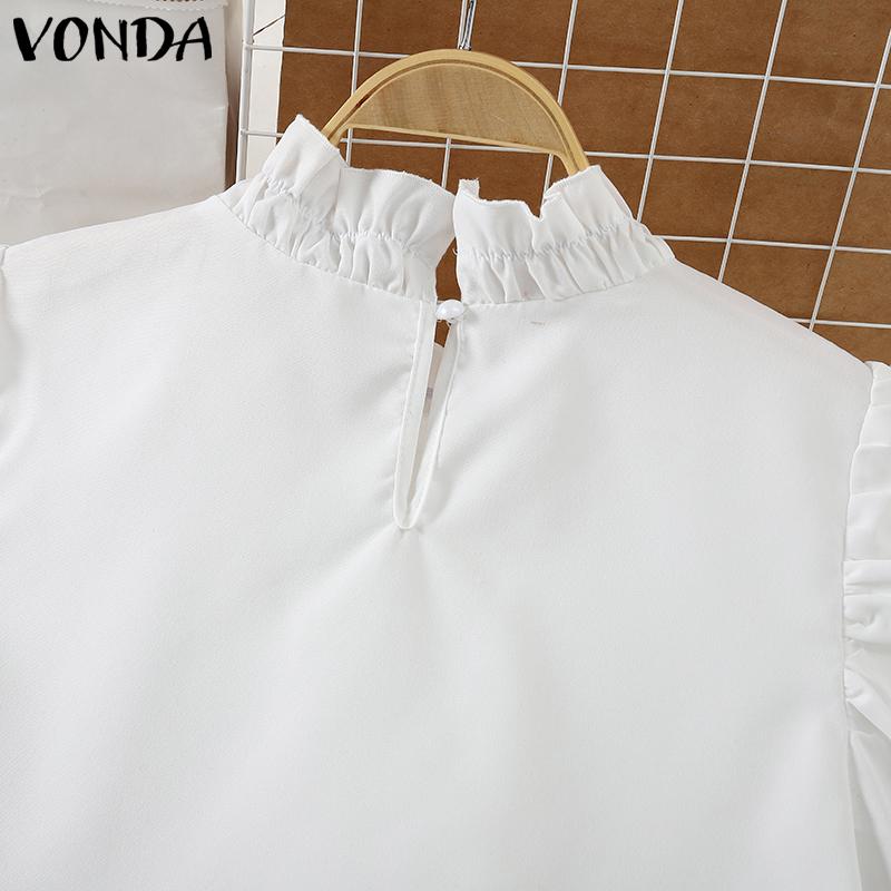 VONDA Женские летние однотонные блузки с воротником-стойкой и коротким рукавом с оборками