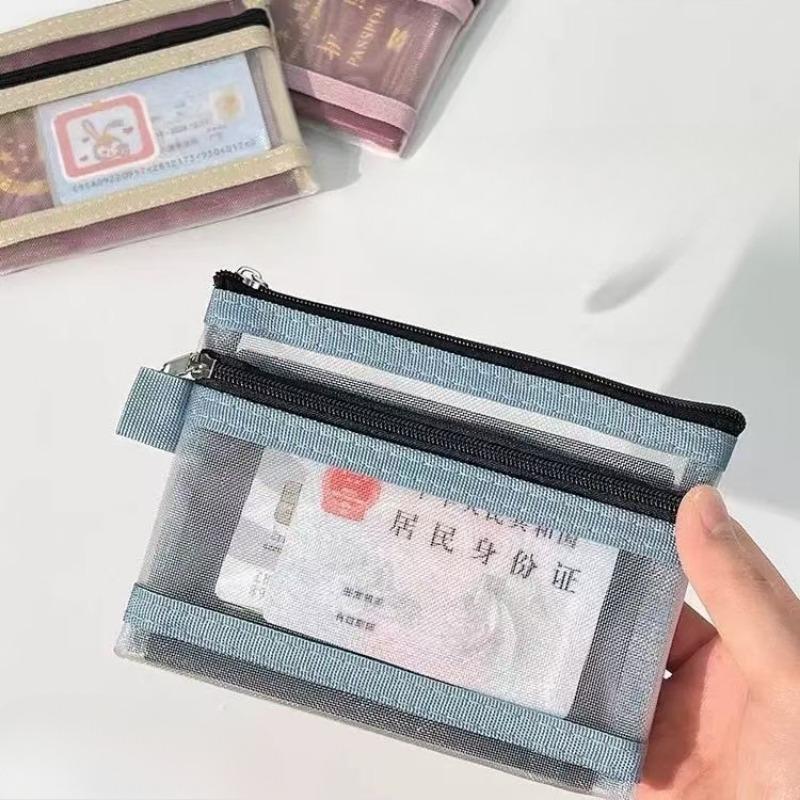 Double-layer Mesh Storage Bag, ID Card Storage Bag, Five-color Zipper Bag for ID Cards and Passports, Portable Small Card Case for Bank Cards