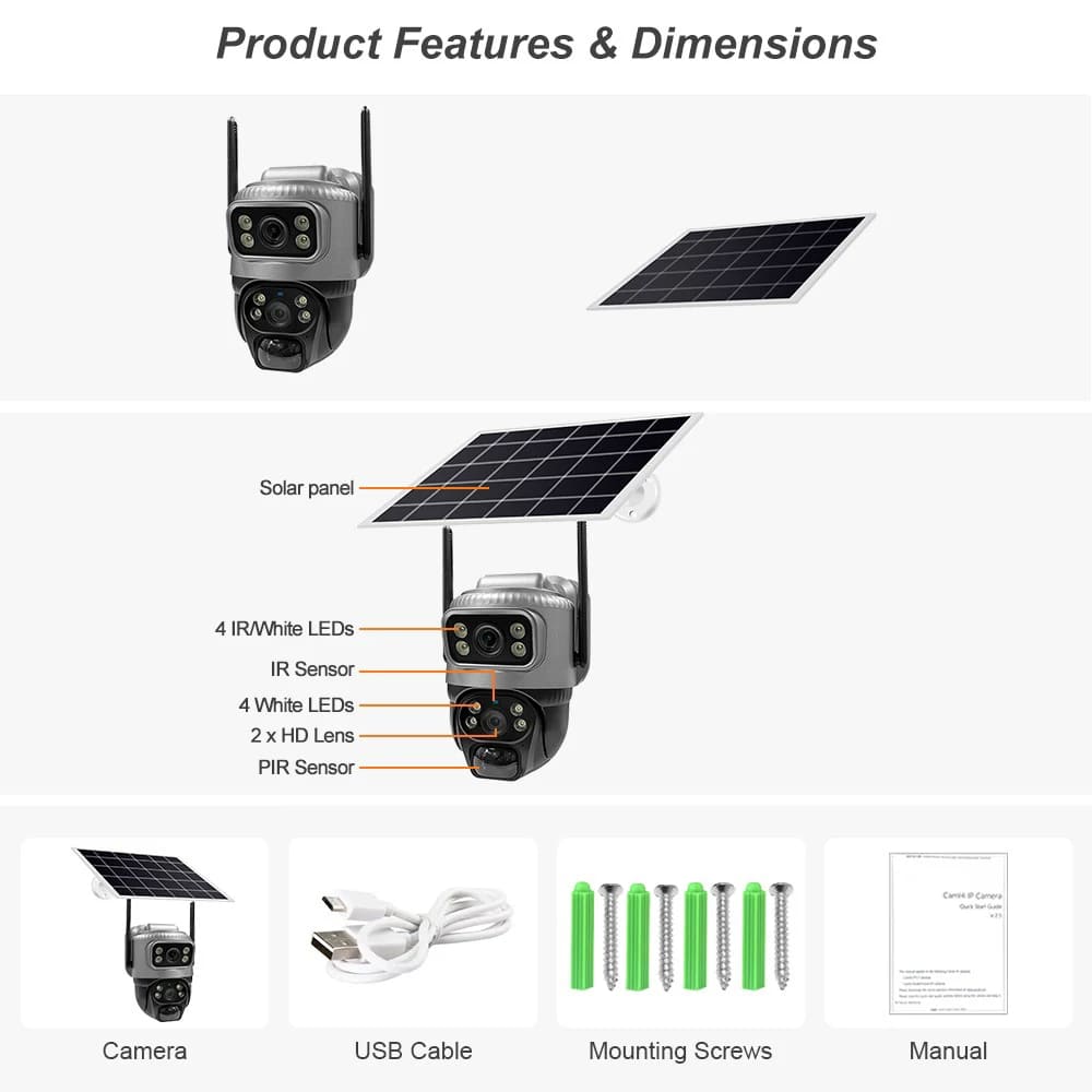Новая солнечная камера 4K 8MP 4G SIM-карта с двумя объективами, WIFI, ночным видением, двойной экран, аккумулятор, PIR, обнаружение движения, наружное видеонаблюдение