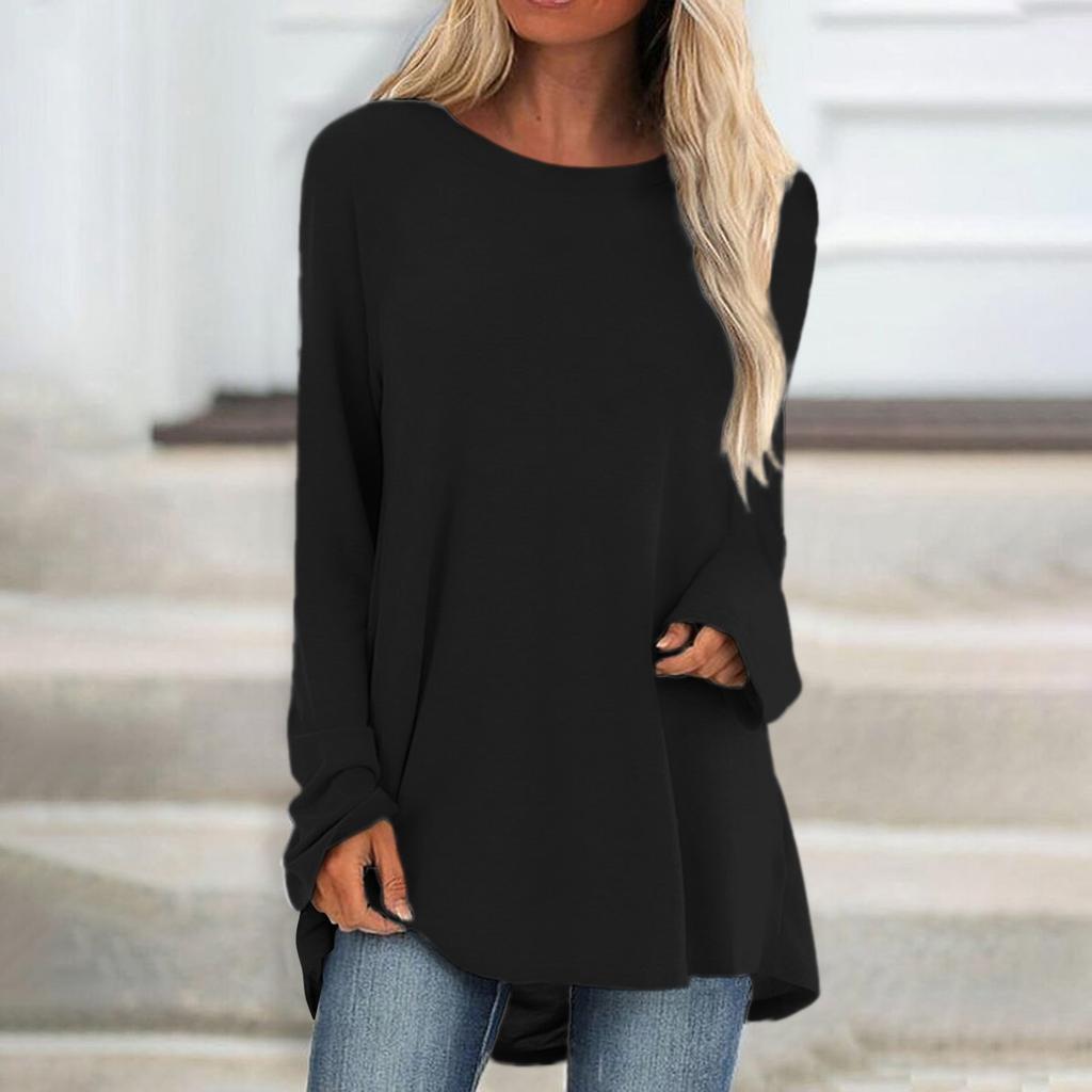 Женская модная повседневная футболка, однотонный топ с длинным рукавом и круглым вырезом, средний длинный топ