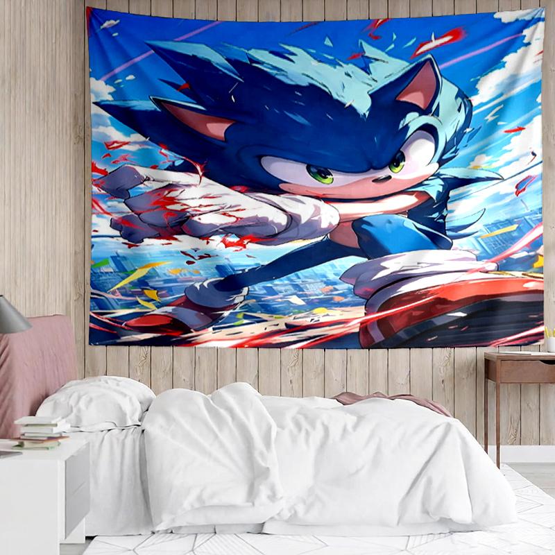 Sonic Print Tapestry, Backdrop, Easy Setup, Ideal for Bedroom, Office & Living Room, with Aesthetic Wall Hanging Decor.