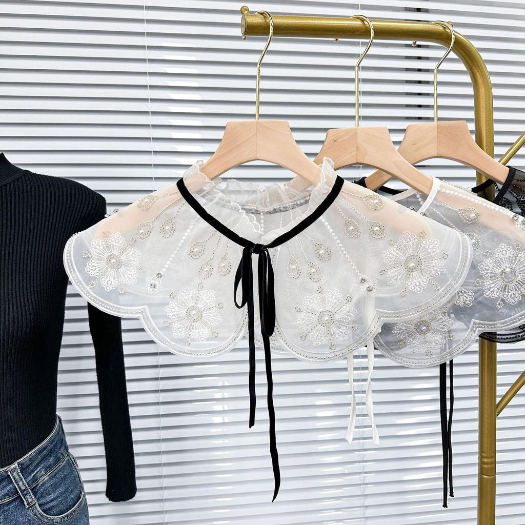 Hot Selling Ruffled Bow Tie Lace Collar with Beaded Detail for Women