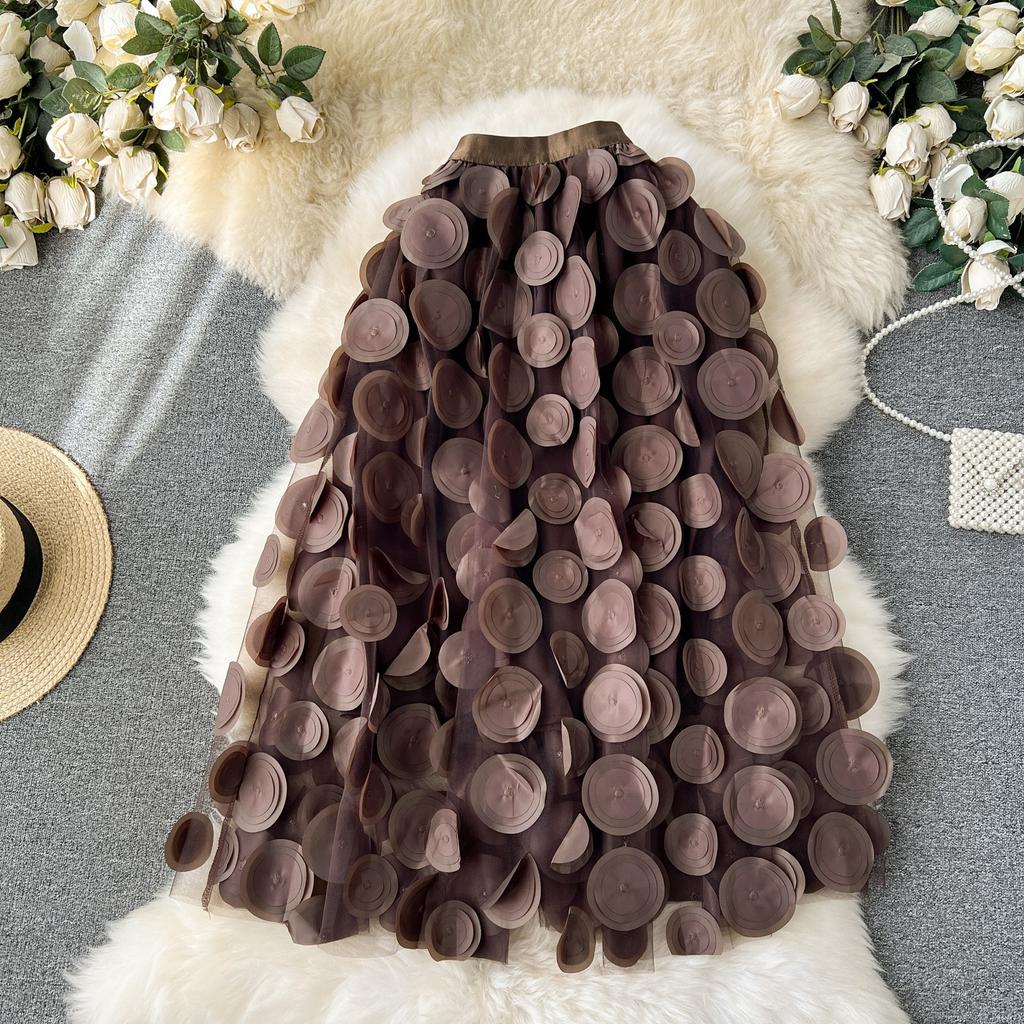 Летняя женская юбка миди с вышивкой в горошек, трехмерная, с большим клешем, из тюля