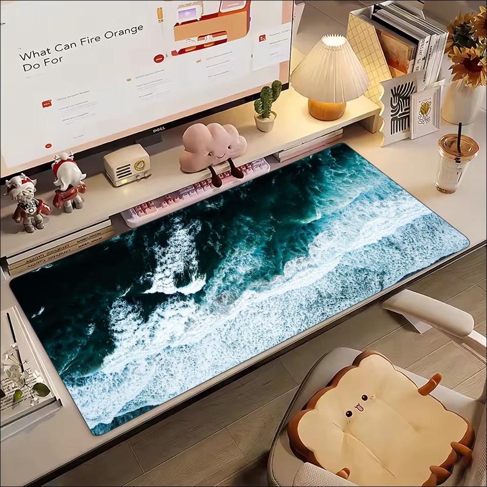 Aesthetic Blue Sea Wave Scenery Extended Mouse Pad Non Slip Rubber Desk Mat For Gaming Laptop Keyboard And Home Office Use