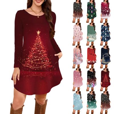 Женское платье-футболка с длинным рукавом, круглым вырезом, длиной до колена, свободного кроя, повседневное и с карманами