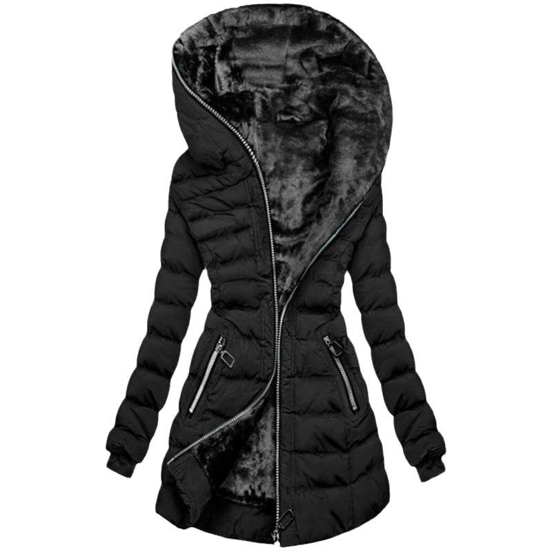 2024 Women's Hooded Medium-Long Black Winter Cotton Coat with Plus Velvet Warmth