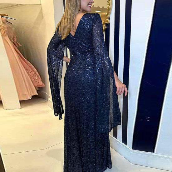 Женское вечернее платье с разрезом на рукавах, глубокий V-образный вырез, блестящие пайетки, облегающее, с узкой талией и узлом, плиссированное, полная длина, сплошной цвет, женское платье для выпускного банкета, макси