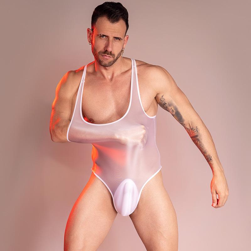 Sexy Bodysuit Oil Glossy Sheer Bodysuit Men Sleeveless See Through Jumpsuit Playsuit Male Undershirt Adult XXX Sex Porno Costume