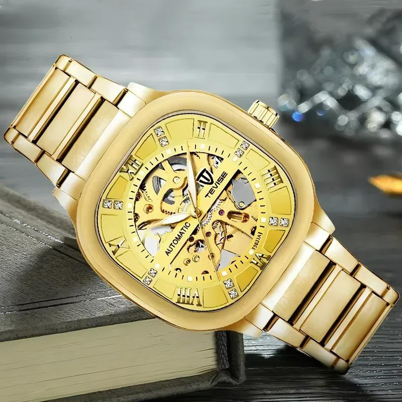 TEVISE Автоматические механические часы для мужчин из нержавеющей стали, водонепроницаемые, скелетон, квадратный циферблат, люминесцентные, модные, деловые, наручные часы