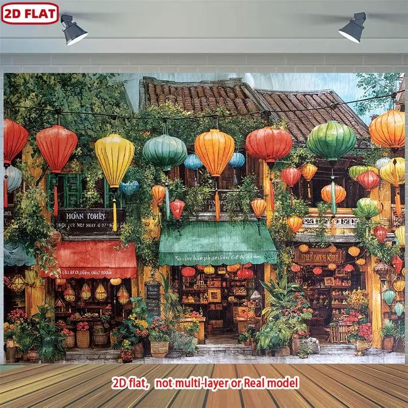 2D Vietnamese Ancient Town Lantern Backdrop for Studio Photography