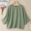 ZANZEA Women Casual Round Neck 3/4 Sleeve Loose Plain Blouse