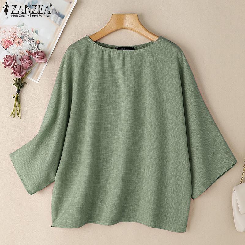 ZANZEA Women Casual Round Neck 3/4 Sleeve Loose Plain Blouse
