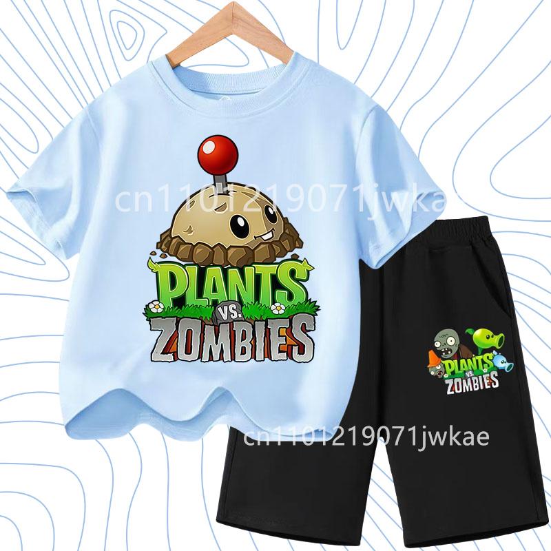Kids Street Fashion Boys Girls T Shirt Set Plants Vs Zombies Cute Print 2026 Summer Casual Daily Wear 3-12 Age Shirt Suit