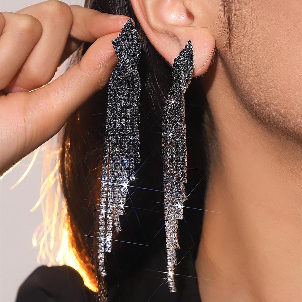 European & American Style Full Diamond Long Tassel Earrings for Women