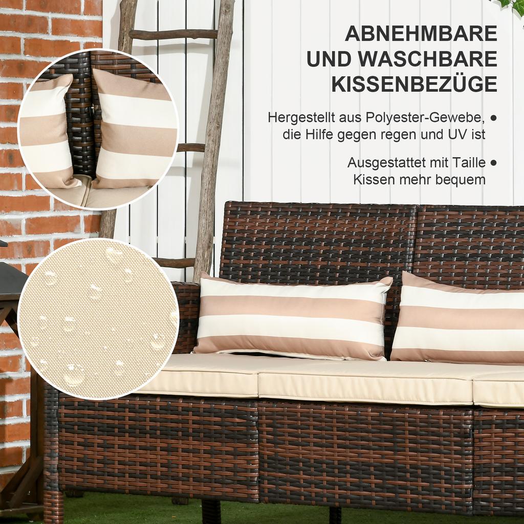 Rattan Sofa with Cushions, Three-Seater, Garden Lounge Sofa, Steel, Brown, 173 x 68 x 78 cm