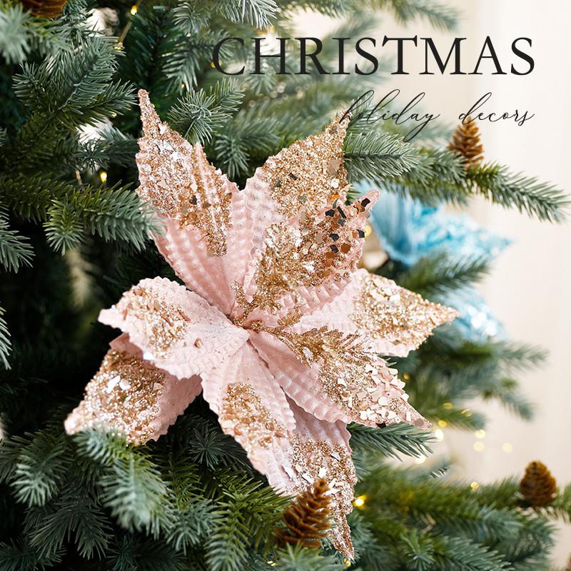 Christmas Artificial Flower Decor With Glittering Fabric For Holiday Celebrations