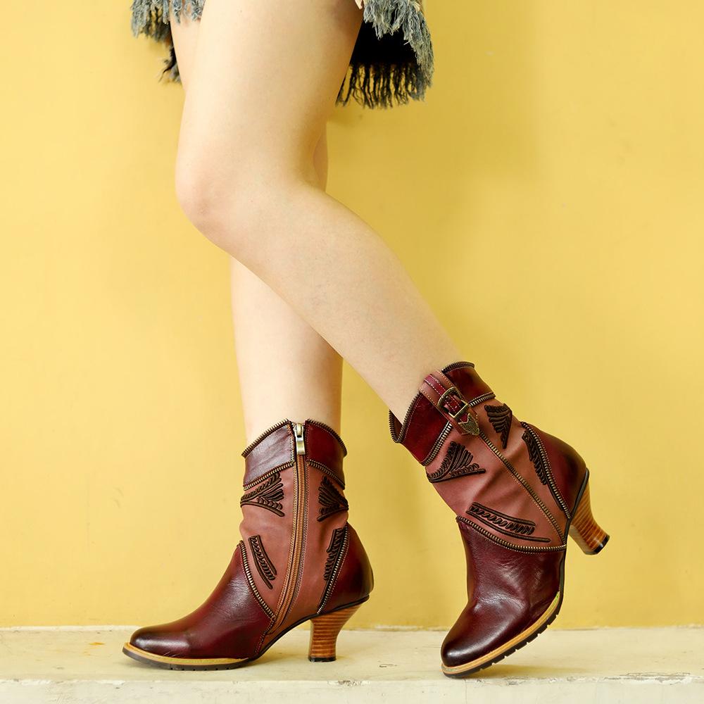 Johnature Модные туфли на высоком каблуке, женские короткие сапоги из натуральной кожи с изысканной вышивкой и молнией по краям