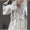Elegant Ruffles Mini Dress Women V Neck Hollow Out Lace Up Long Sleeves Lace Dresses  Solid Color High Waist Dress