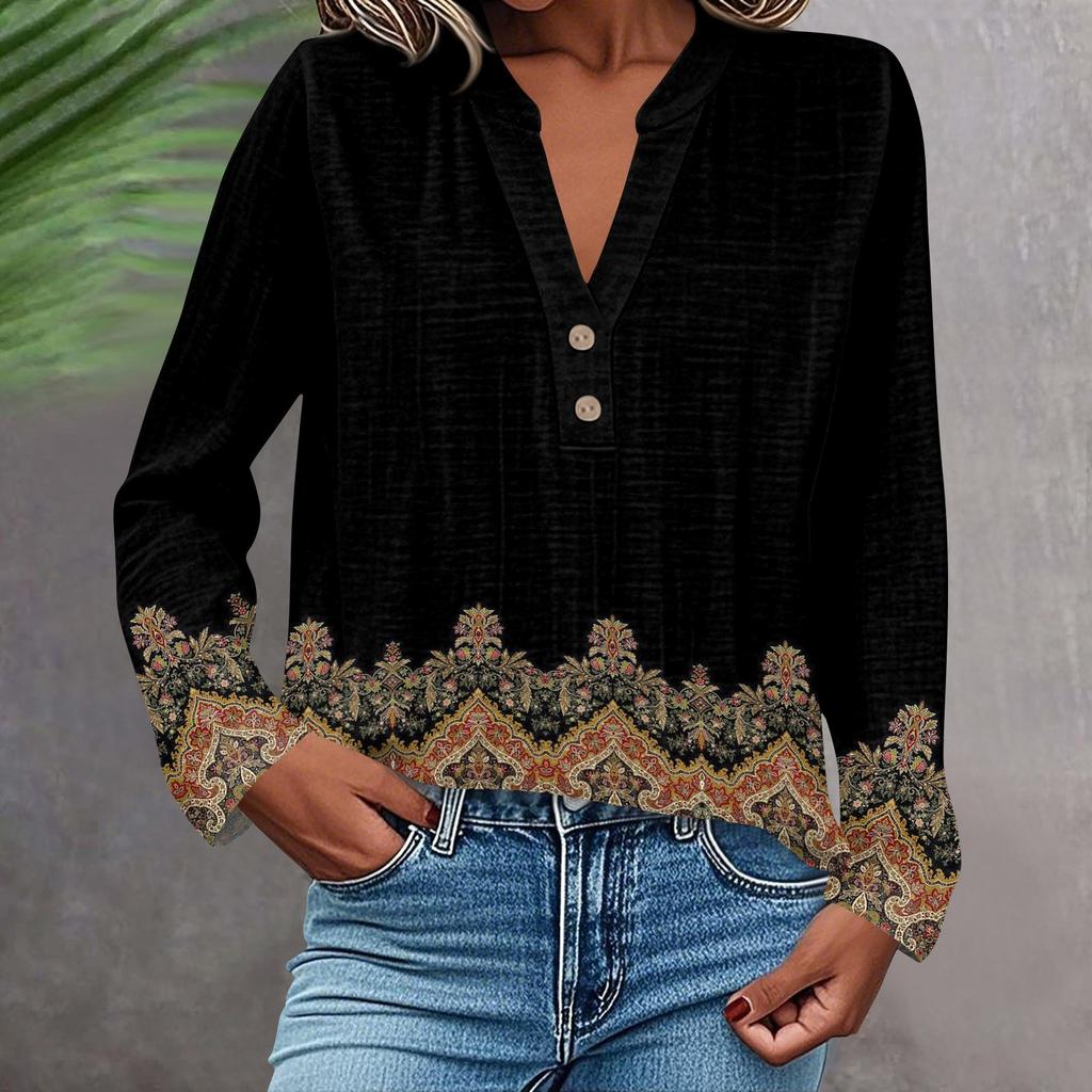 Women's Fashionable And Casual Shirt Long Sleeve V-neck Button Printed Blouse Top