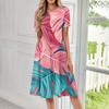 Women's Fashionable Print Round Neck Loose Short Sleeved Pocket Pullover Dress