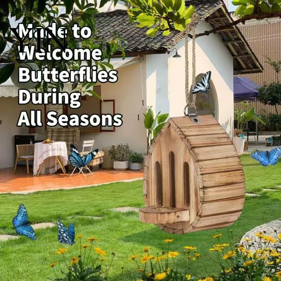 Butterfly Feeder Wooden House And Feeder, Outside Hanging Shelter, Teardrop Shaped for Garden Decoration Pollinator Habitat Friendly