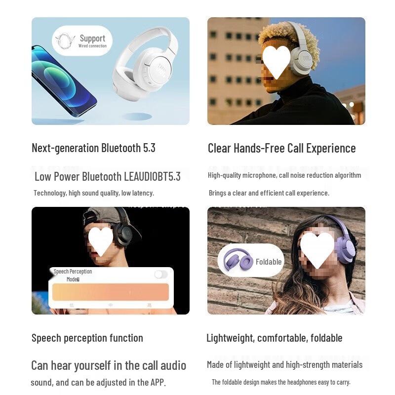 Беспроводные накладные наушники JBL Bluetooth 72TUNE со звуковыми эффектами, низкими частотами. Доступны в цветах: чисто черный, белый и синий.