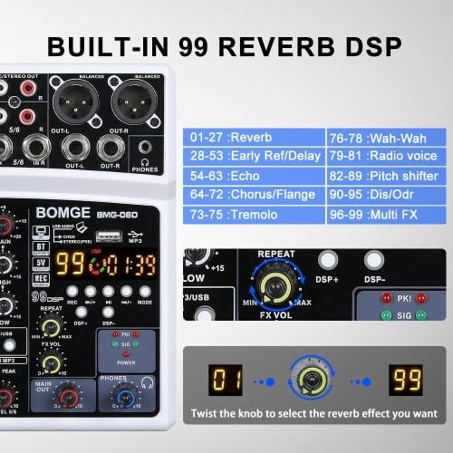 BOMGE 6-Channel DJ Audio Mixer with MP3, USB, Bluetooth, 48V Phantom Power, 5V Power Supply, and 99 DSP Echo Effects for Live Performances, Music, Kar